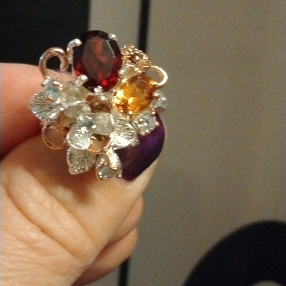 STUNNING Natural Garnet, Citrine, & Aqua Marine Ring - Picture 7 of 10